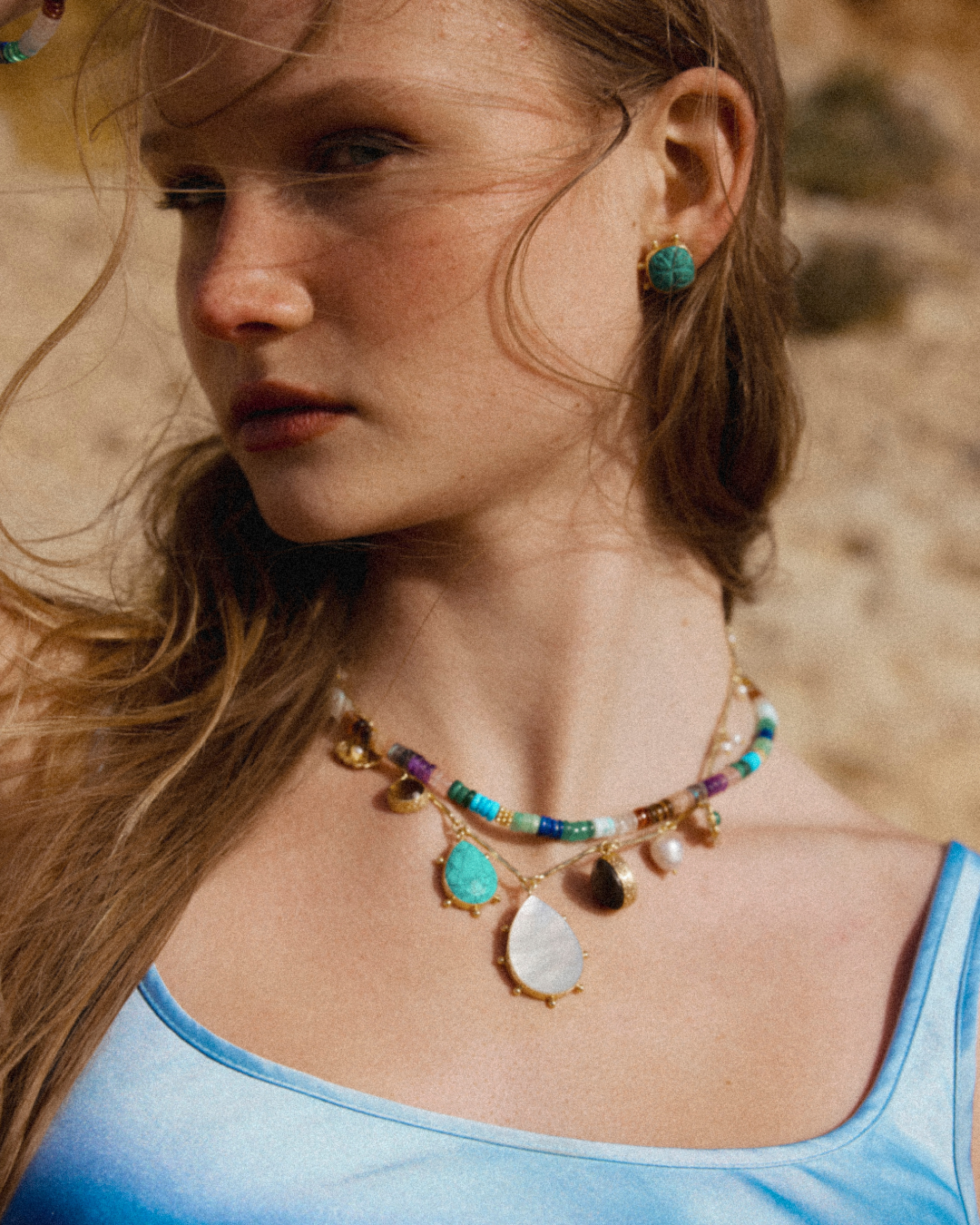 Handcrafted gold charm necklace with semi precious gem stone bead necklace designed in Australia by Lanamara