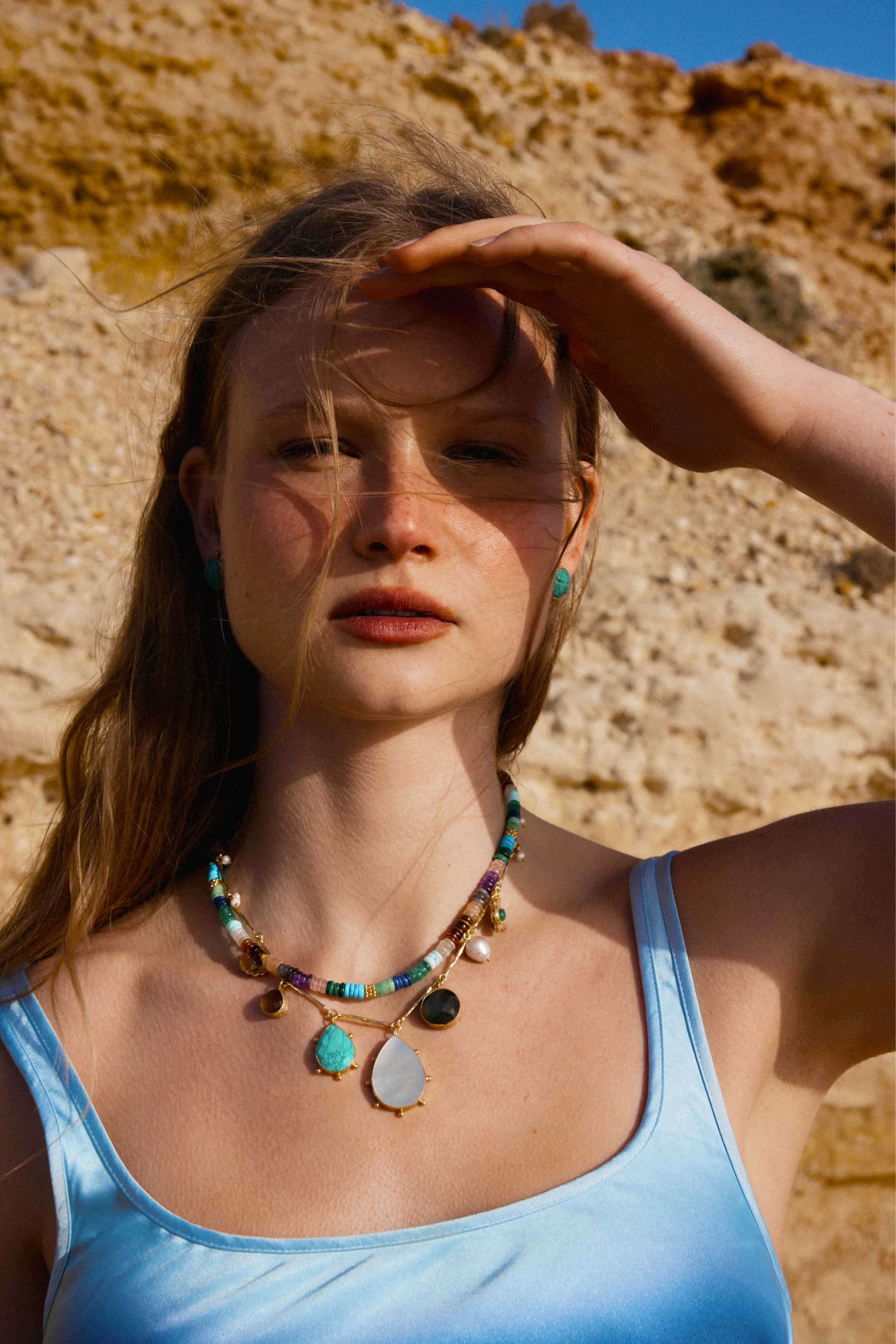 Handcrafted gold charm necklace with semi precious gem stone bead necklace designed in Australia by Lanamara