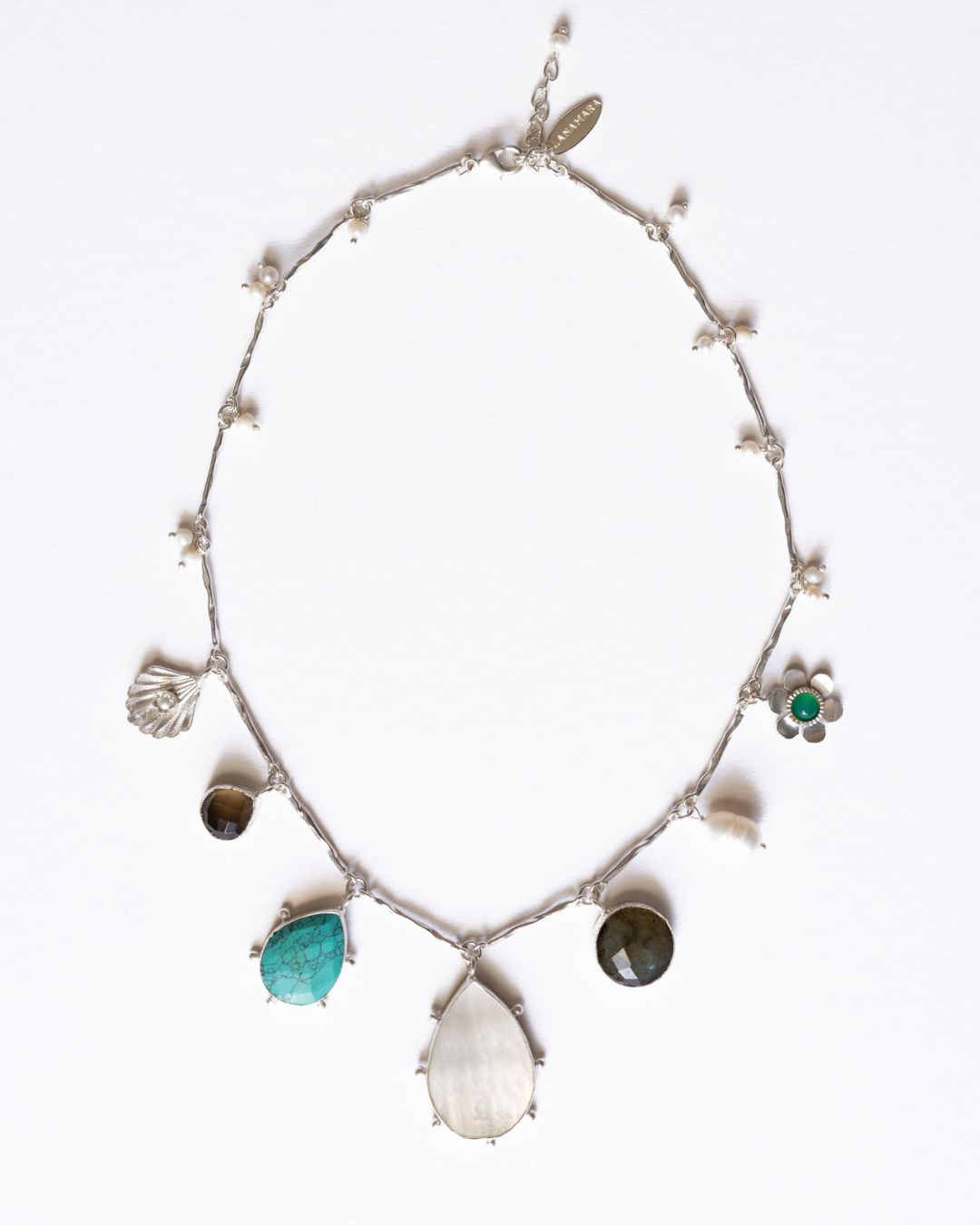 Handcrafted white gold plated charm necklace with semi precious gem stones designed in Australia by Lanamara