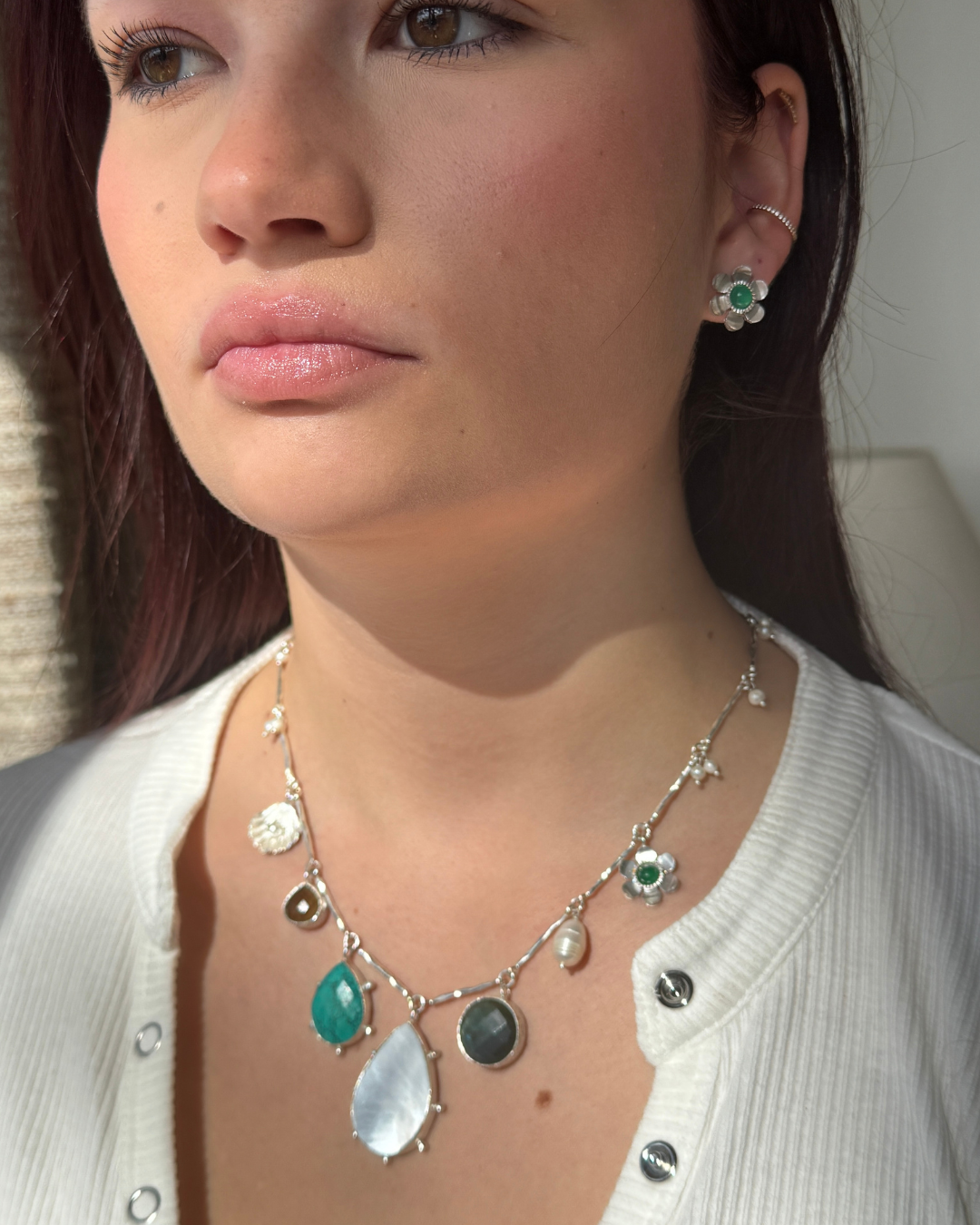 Handcrafted gold charm necklace with semi precious gem stones designed in Australia by Lanamara
