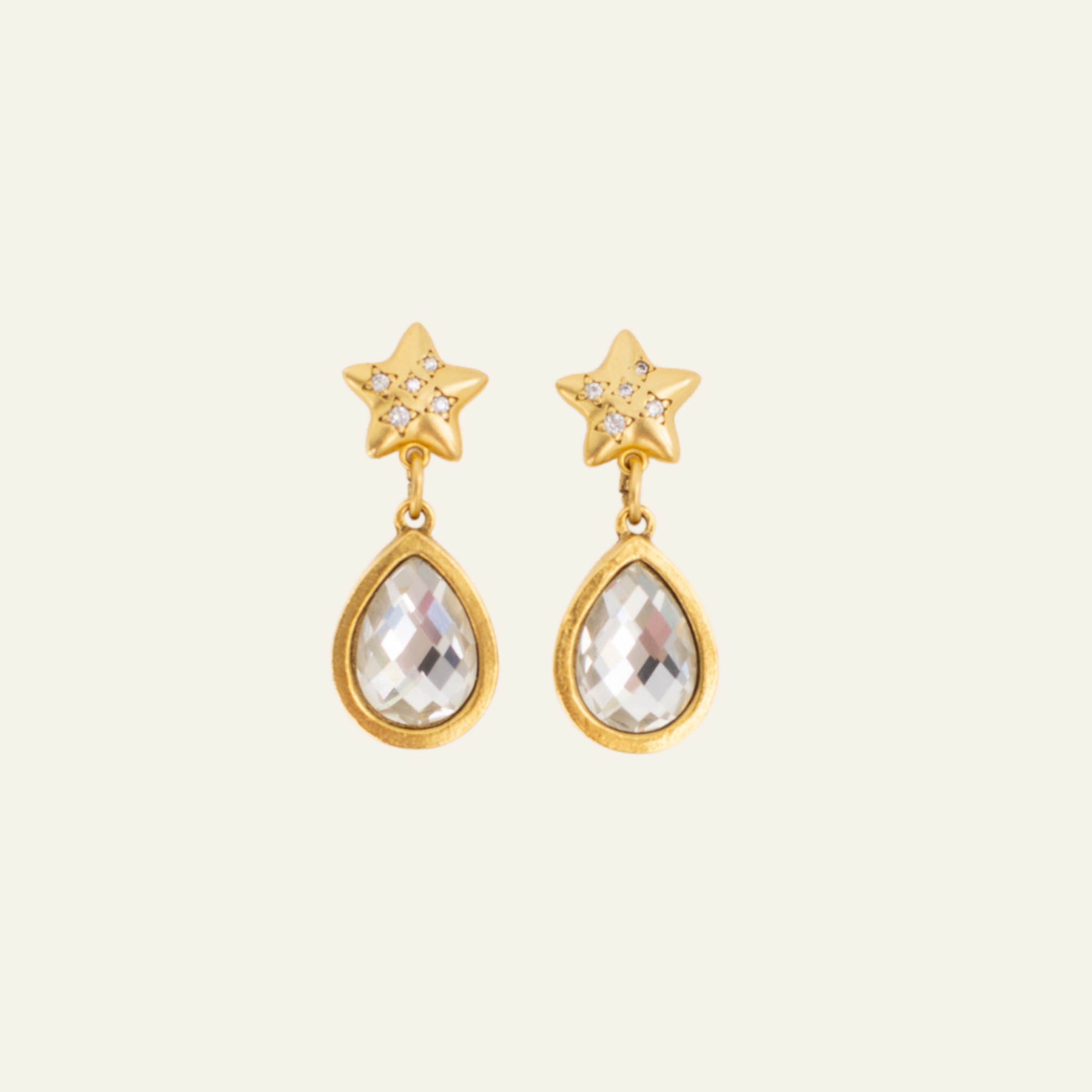 Lanamara Celestial Crystal Earrings — gold star stud with faceted Swarovski teardrop drop