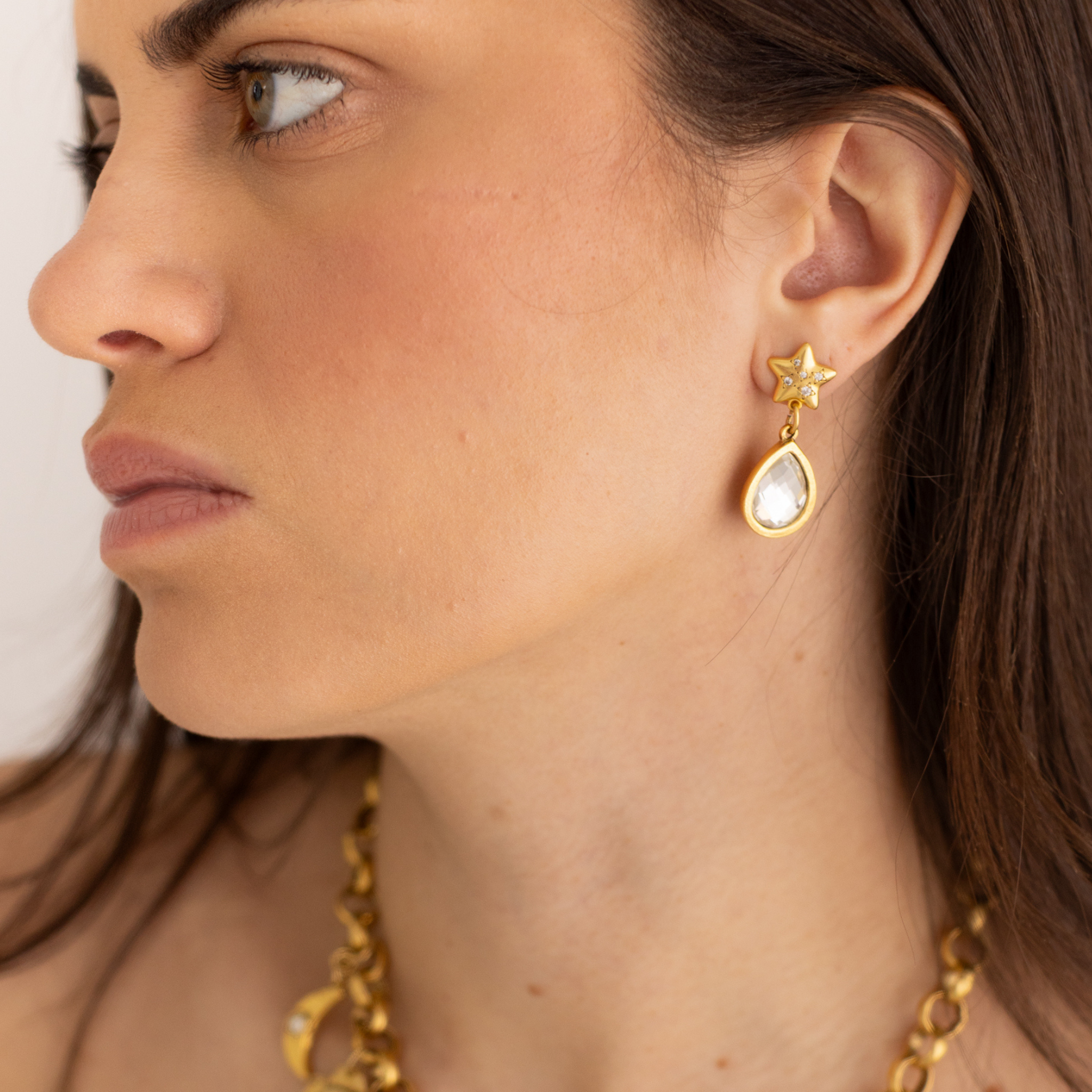 Lanamara Celestial Crystal gold star and Swarovski teardrop earring, worn