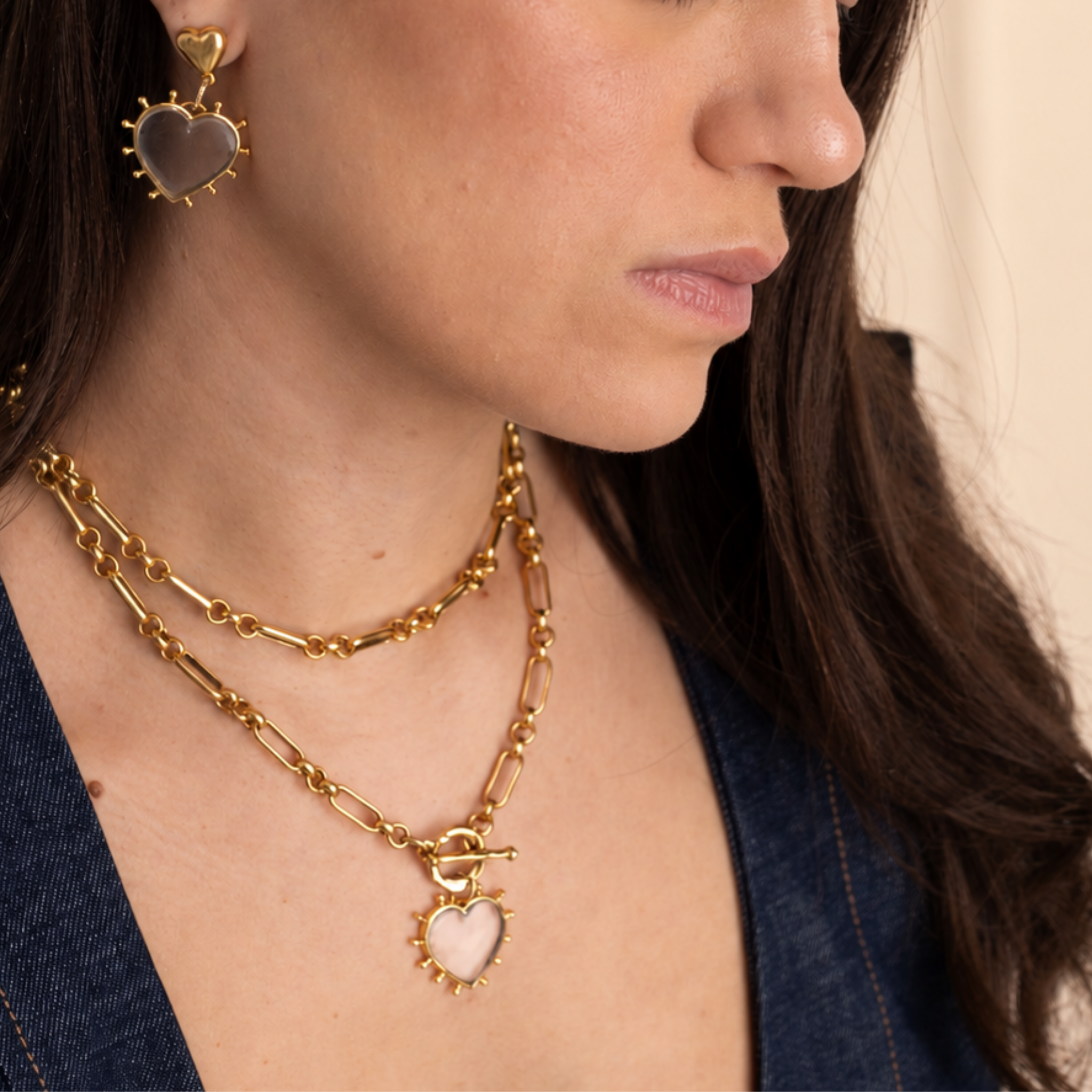 Lanamara Heirloom necklace layered with the Open Hearted heart necklace and earrings