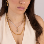 Lanamara Heirloom gold necklace layered with the Intuition bezel tennis necklace