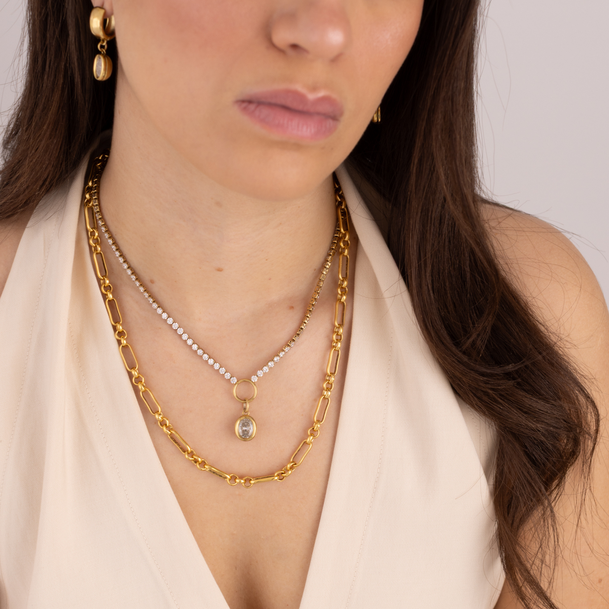 Lanamara Heirloom gold necklace layered with the Intuition bezel tennis necklace