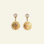 Lanamara Intuition Sunstar Earrings — matte gold sun drop with CZ stars and crystal stud