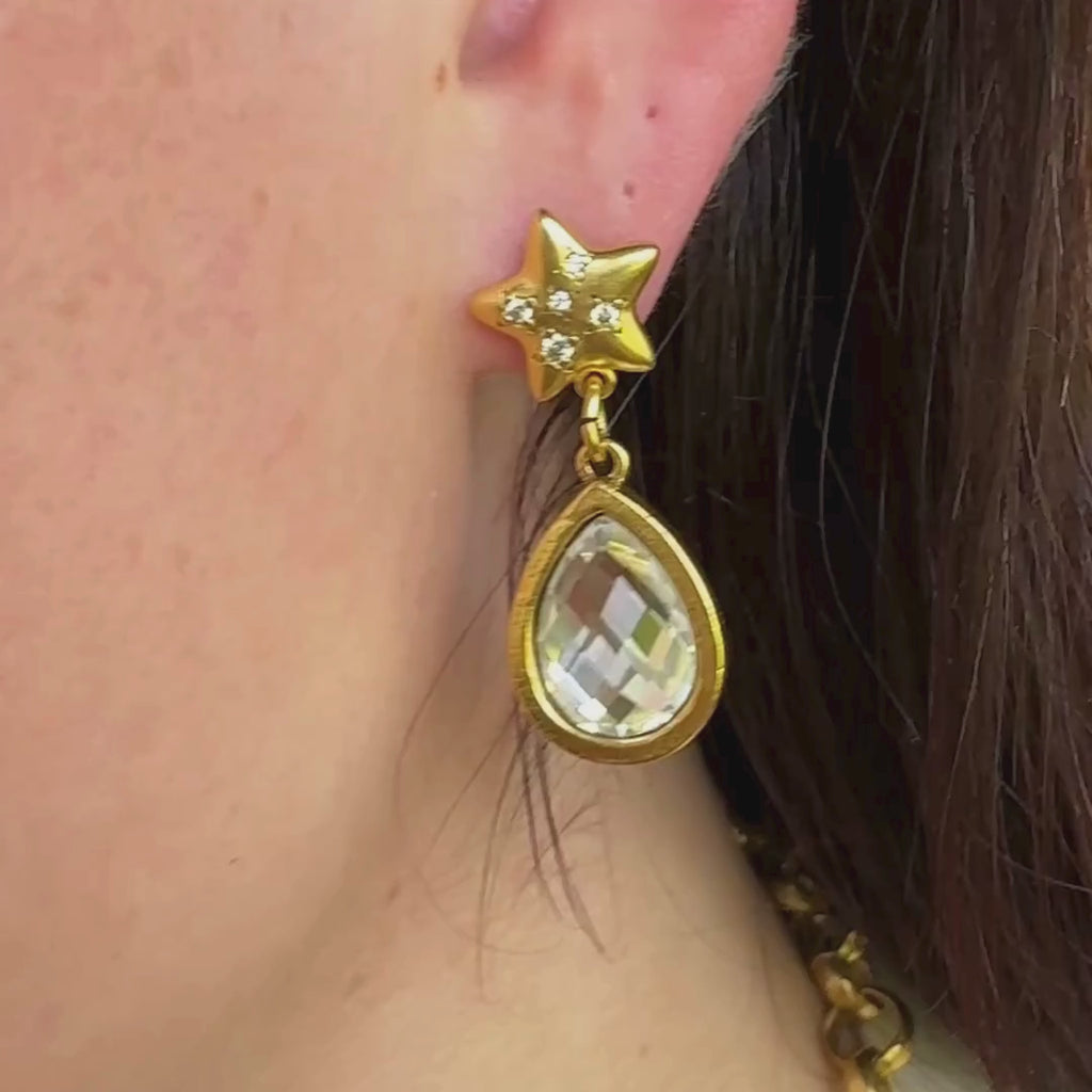 Lanamara Celestial Crystal star drop earrings — gold star stud with faceted Swarovski teardrop