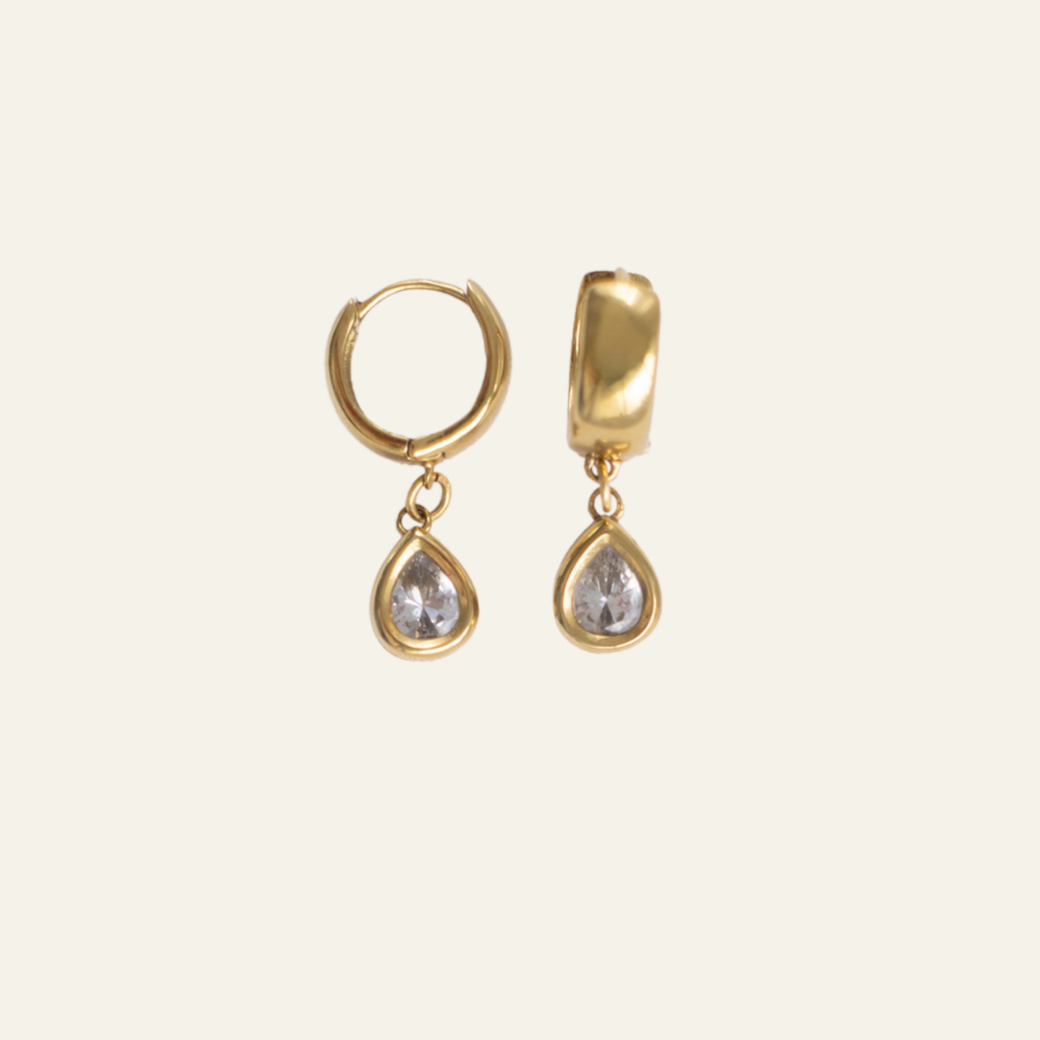 Lanamara Vintage Clarity Huggies – Pear — gold huggie hoops with bezel-set CZ pear drop